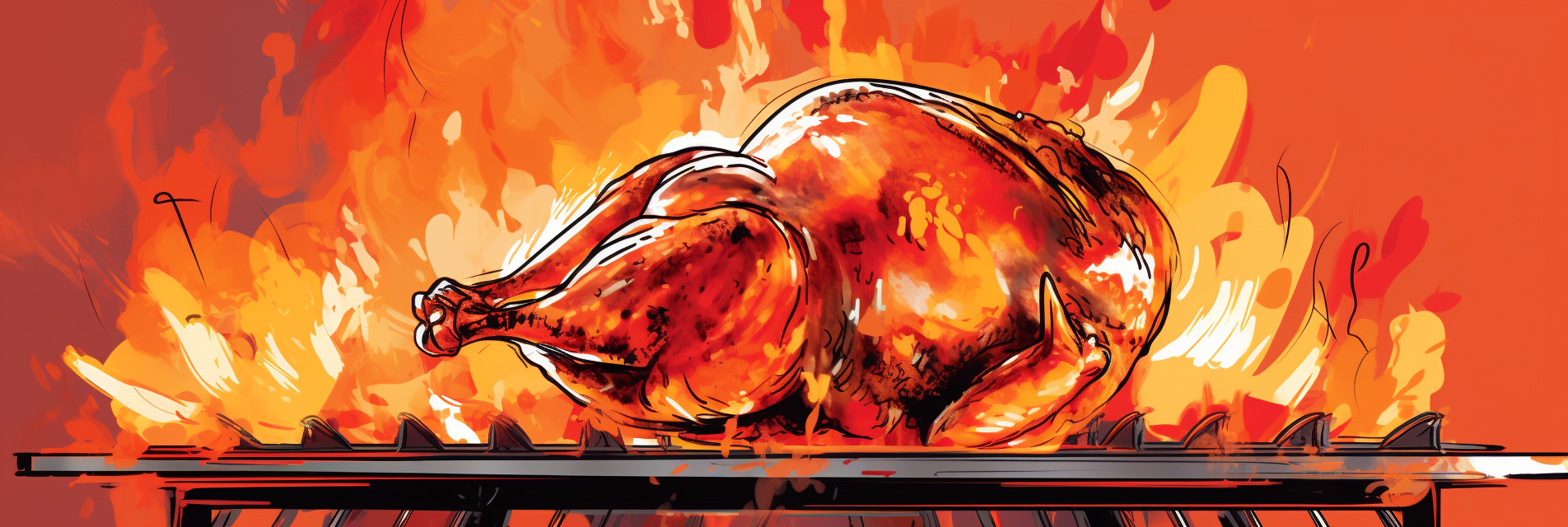 Roasted turkey on a flaming grill