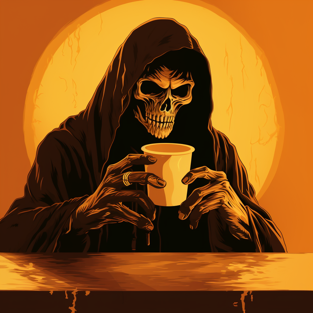 Vector art of the Grim Reaper with coffee