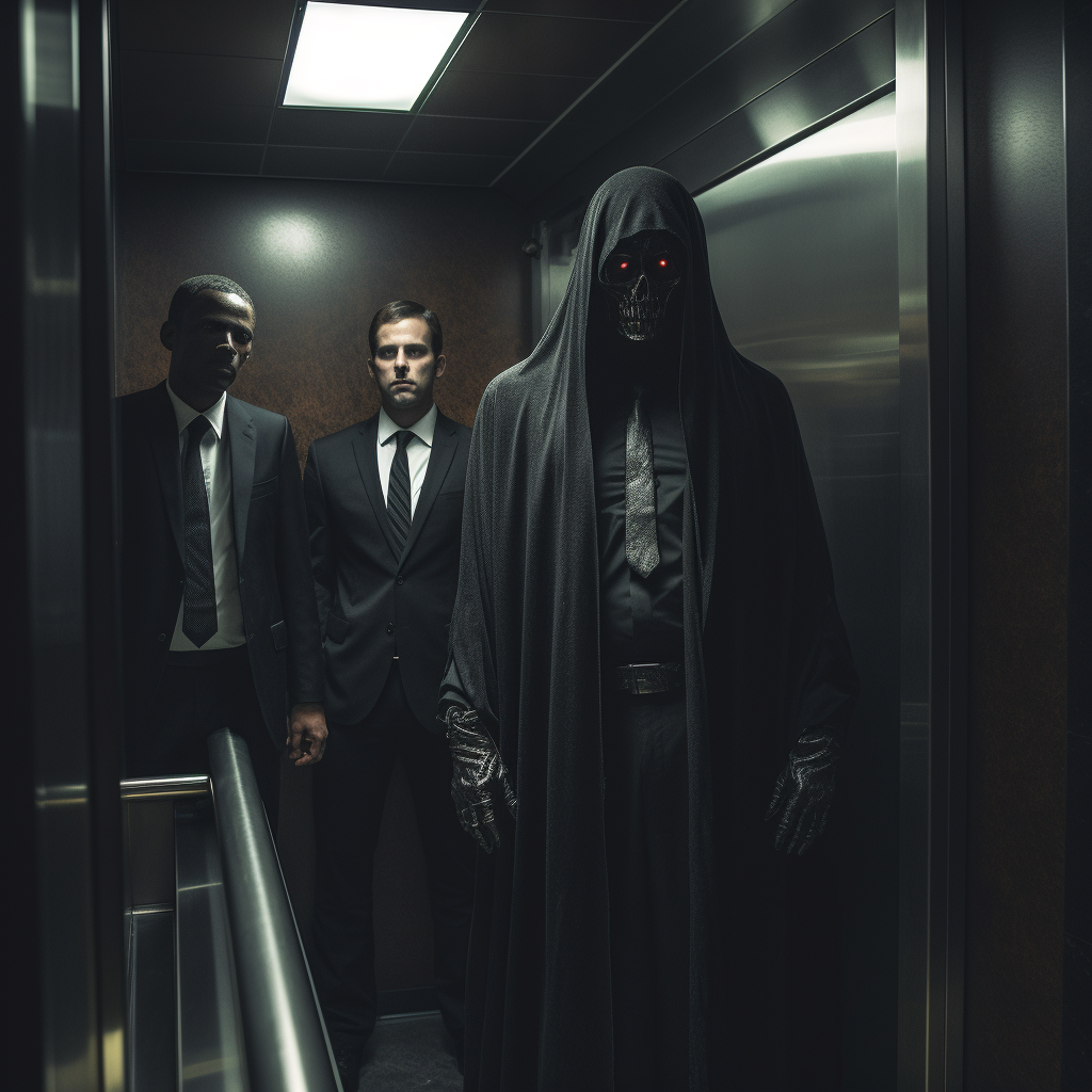 Grim Reaper and 60s Businessmen in Elevator