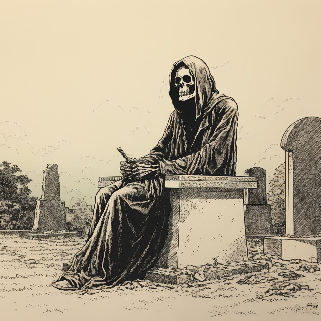 Pen and Ink Drawing of Grim Reaper on Headstone