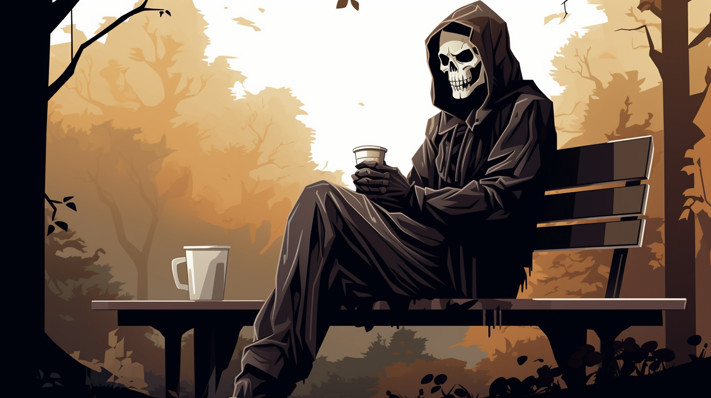 Grim Reaper Relaxing with Coffee