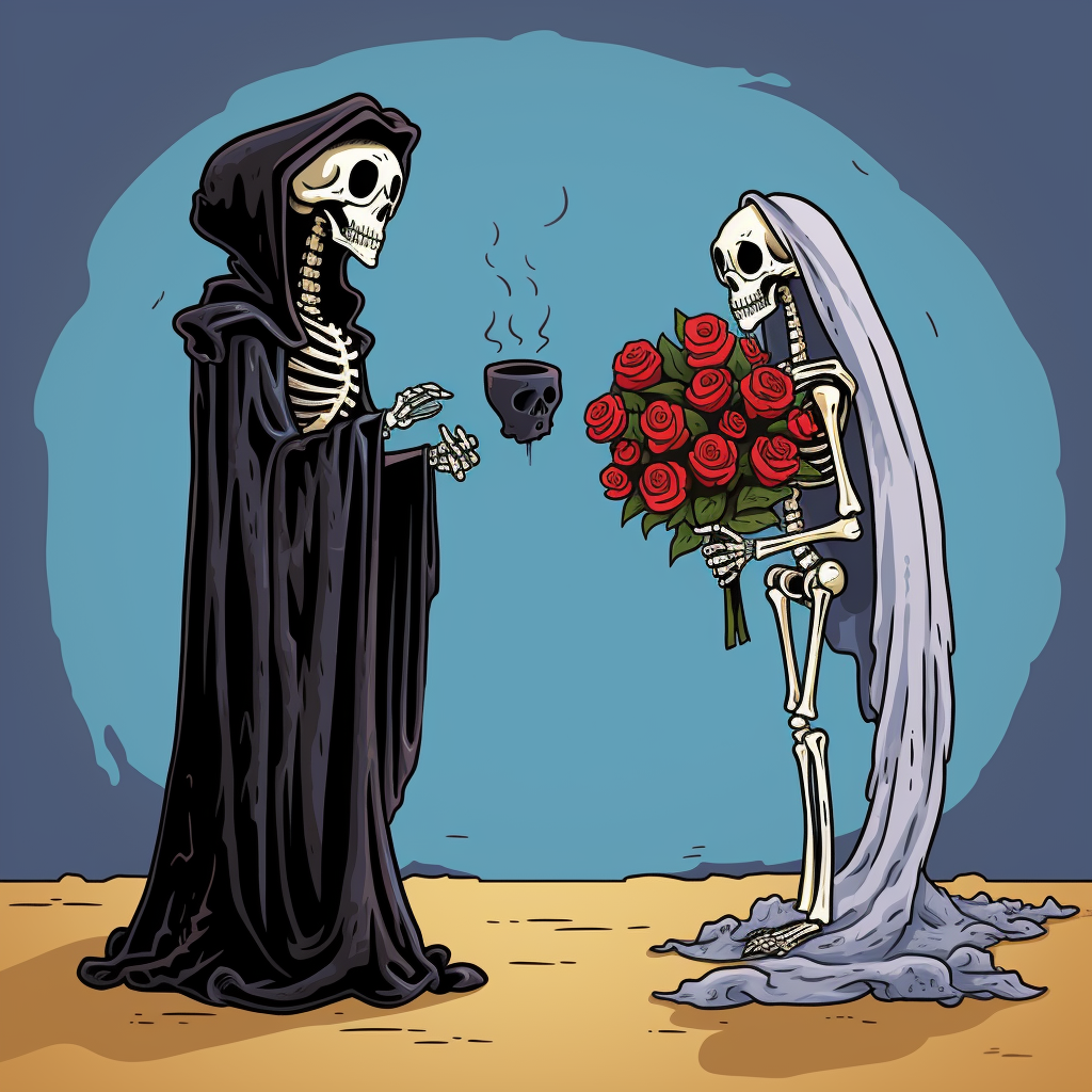 Cartoon illustration of a wedding proposal between grim reapers