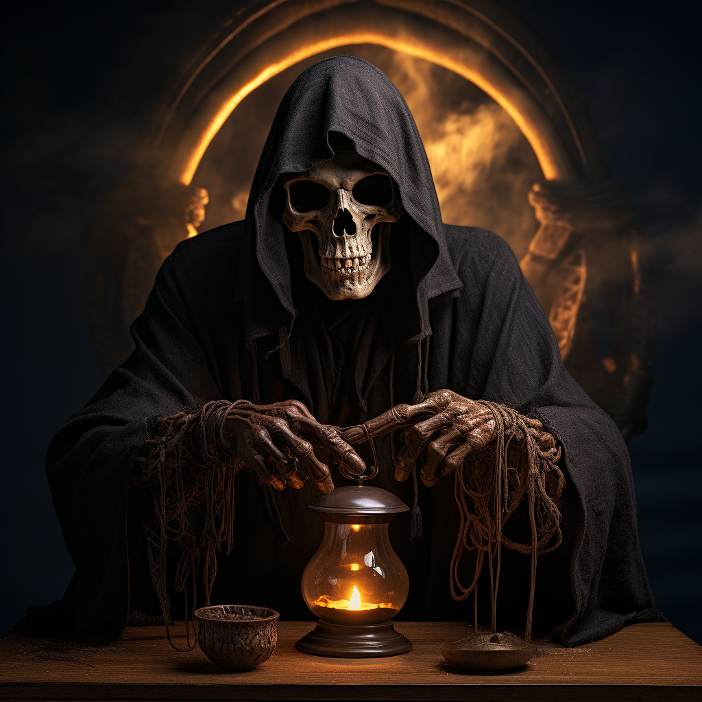 Grim reaper holding hourglass in portrait pose