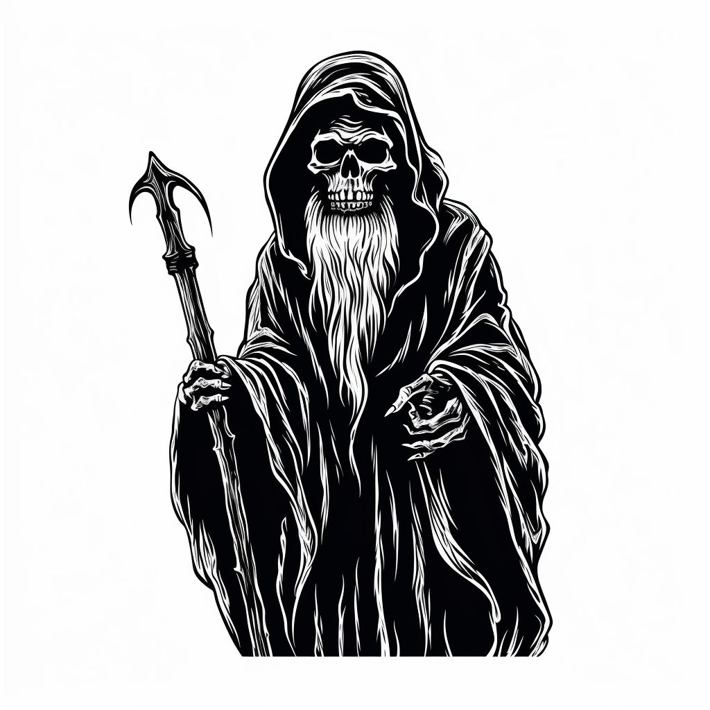 Grim reaper wizard in black and white