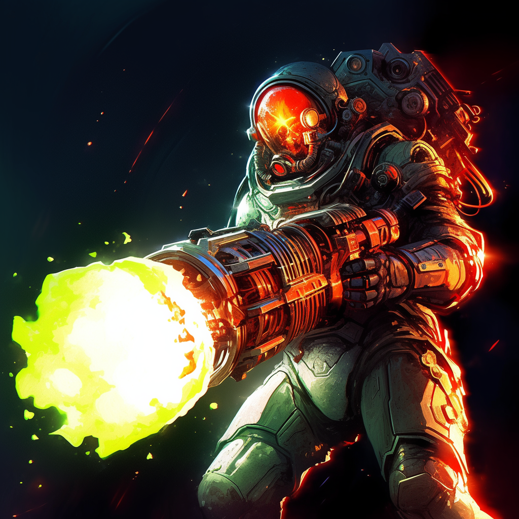 ominous astronaut wielding huge antimatter gun