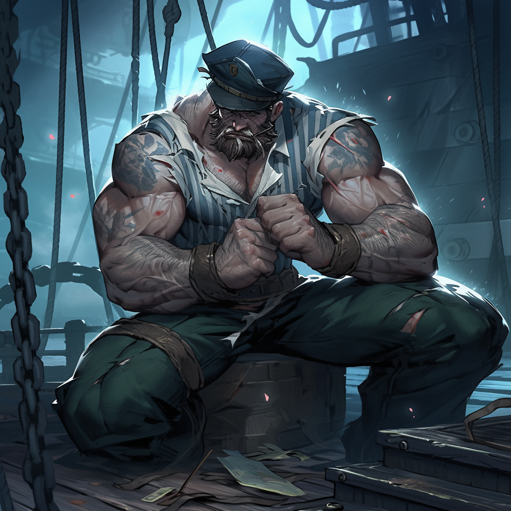 Sailor repairing deck in grimdark style