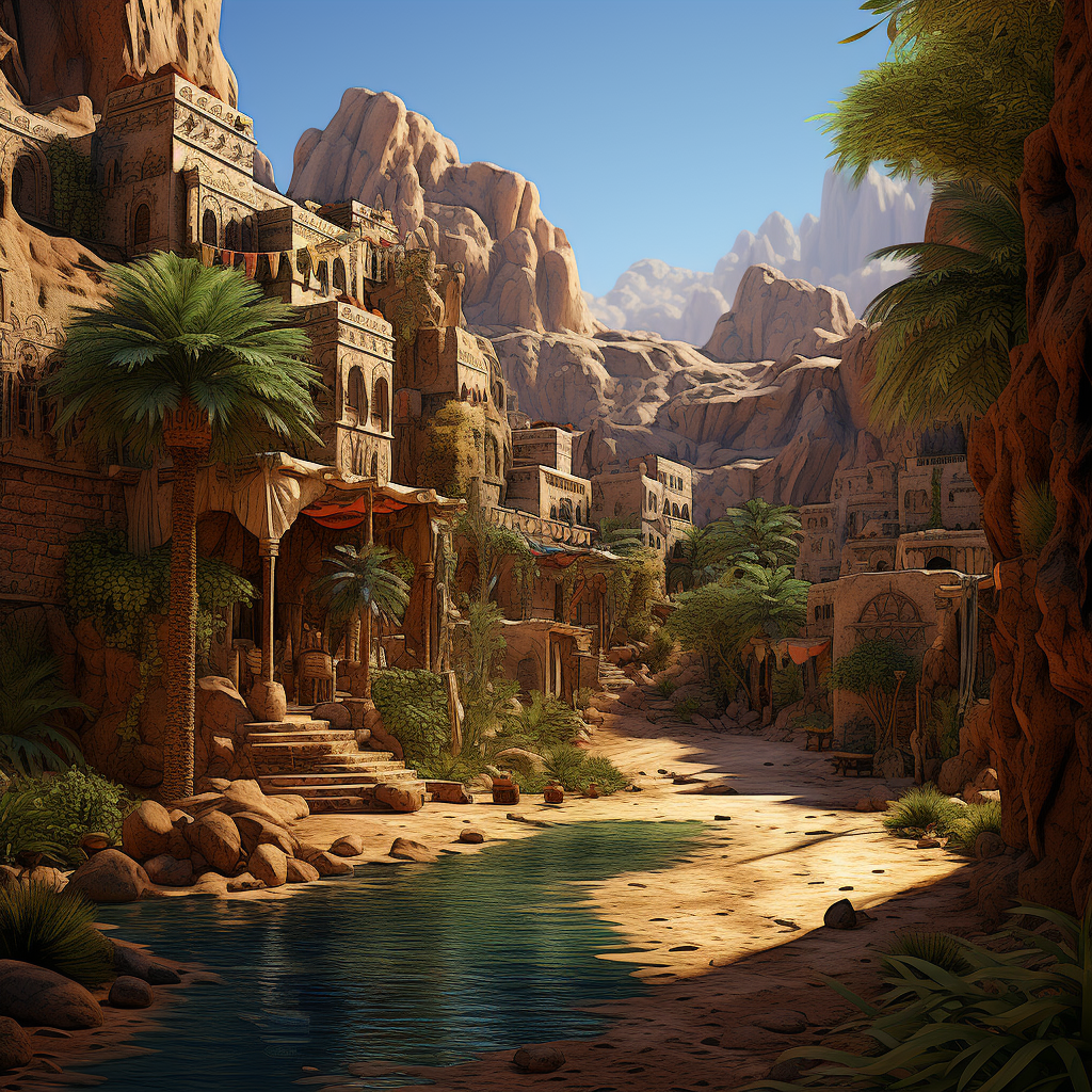 Mystic Medieval Desert Oasis Dwarven Village Artwork