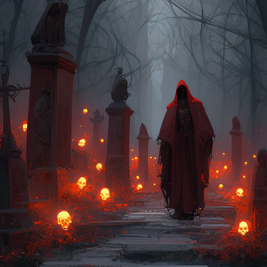 Sinister necromancer walking among tombstones artwork