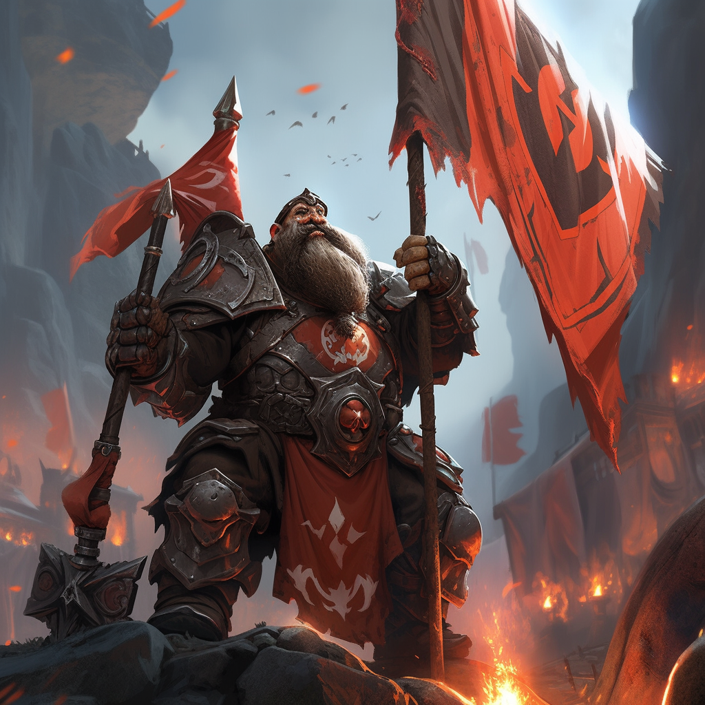 Image of a grimdark aetherpunk dwarf flag-waver champion