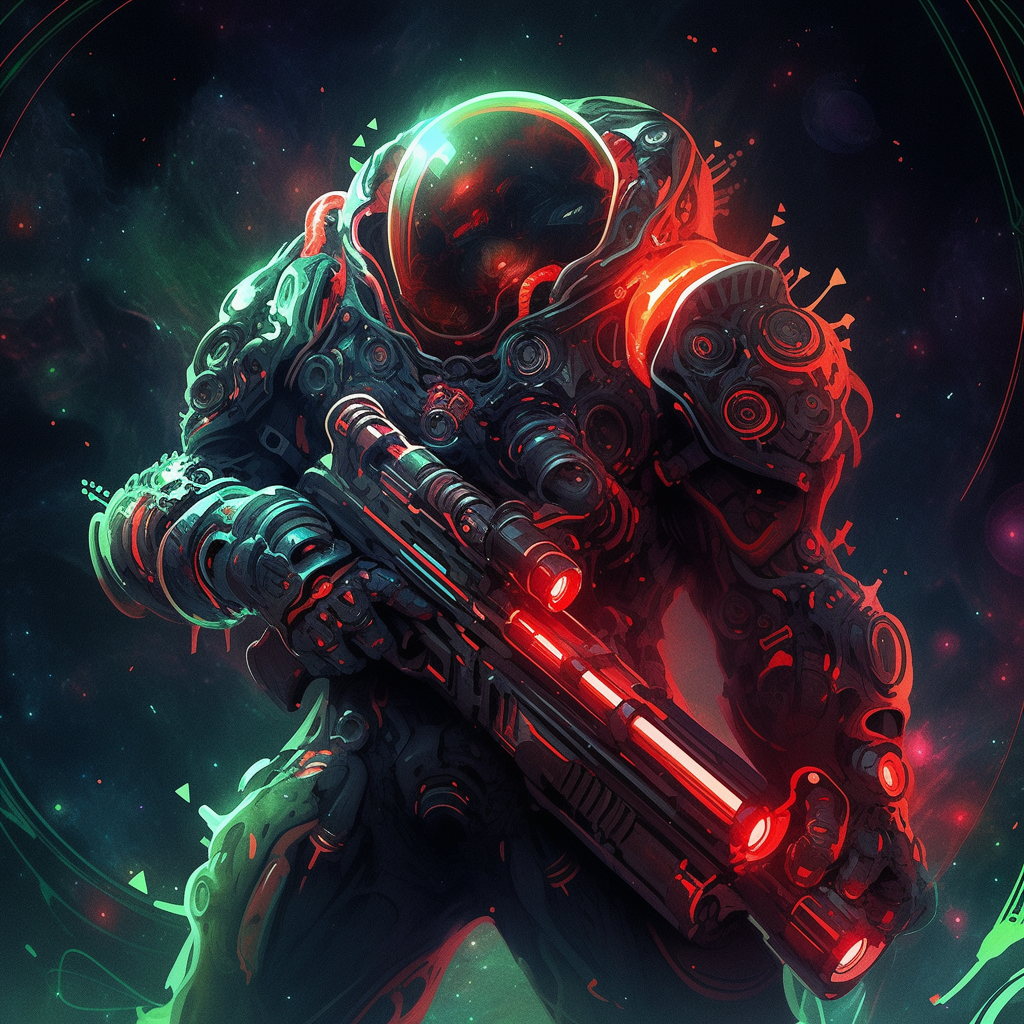 Cosmonaut wielding antimatter gun in grimdark sci-fi setting