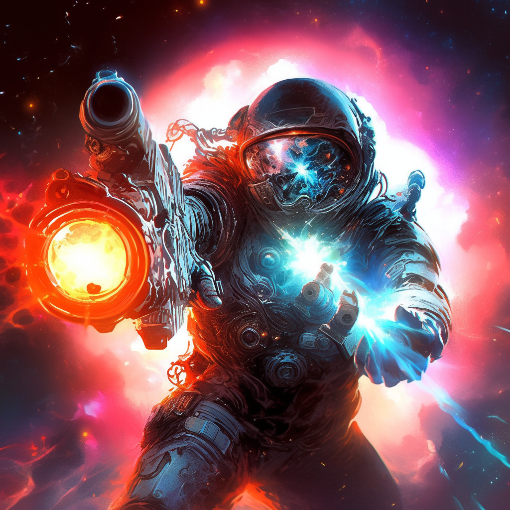 Ominous astronaut with a huge antimatter gun