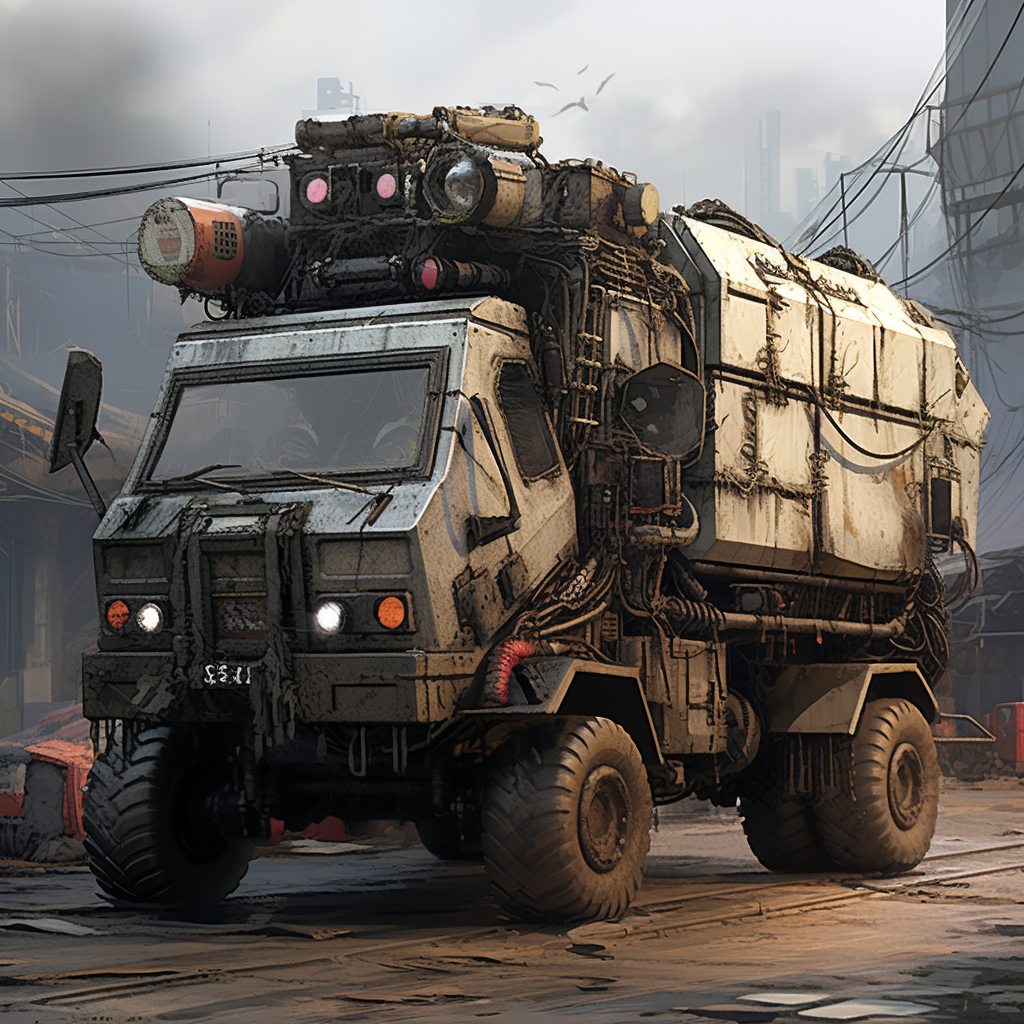 Grimdark futuristic post-apocalyptic wasteland truck