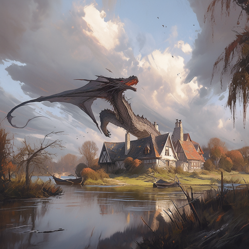 Grimdark Mystic Wyvern Flying Over Medieval Village