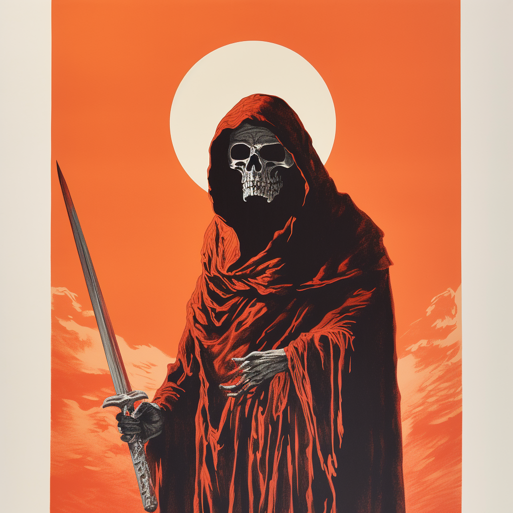 Grim Reaper in bold 1980s silkscreen propaganda