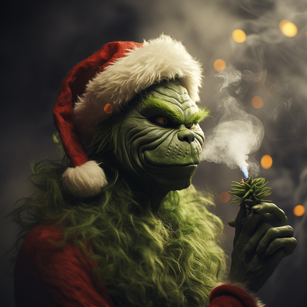 Image of the Grinch surrounded by CBD leaves and smoke clouds