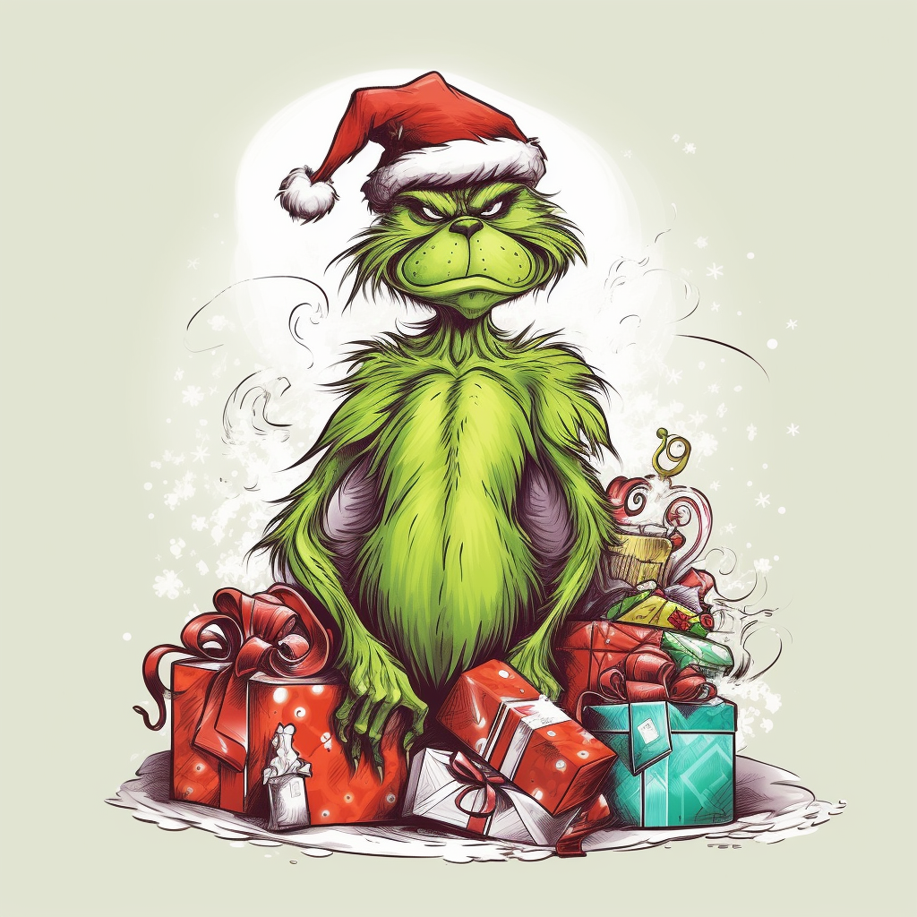 The Grinch with Christmas gifts on white background