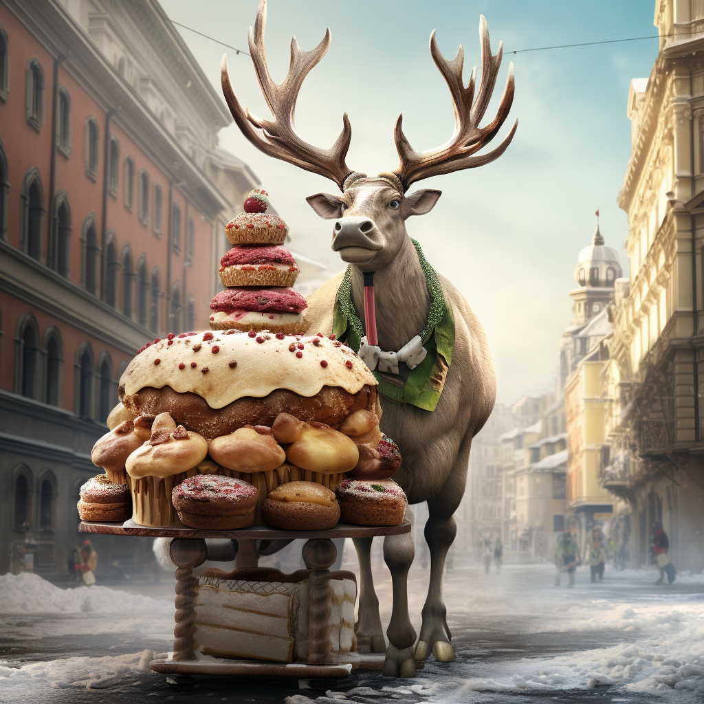 Realistic Grinch riding deer with panettone cake