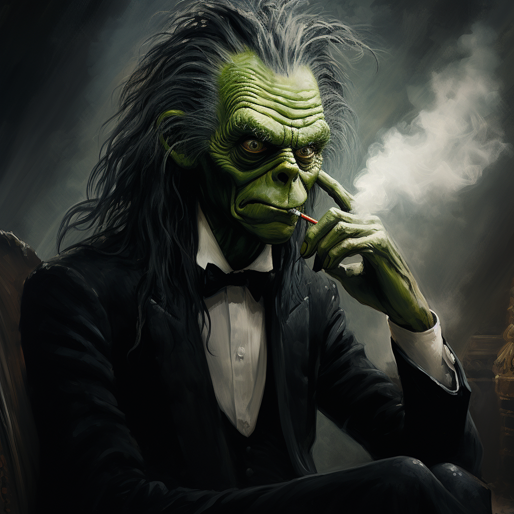 Grinch smoking pipe in black suit