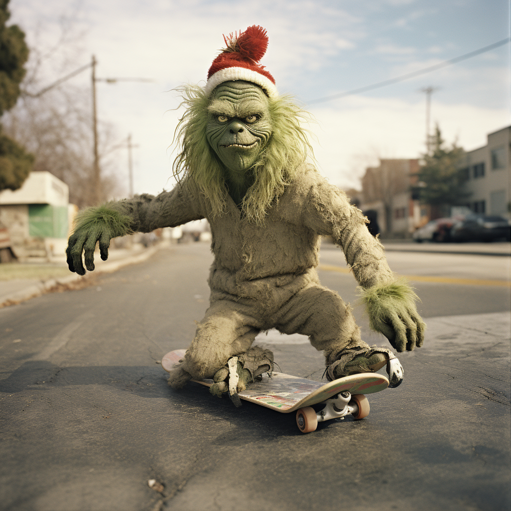 Grinch skateboarding in vans with grainy texture