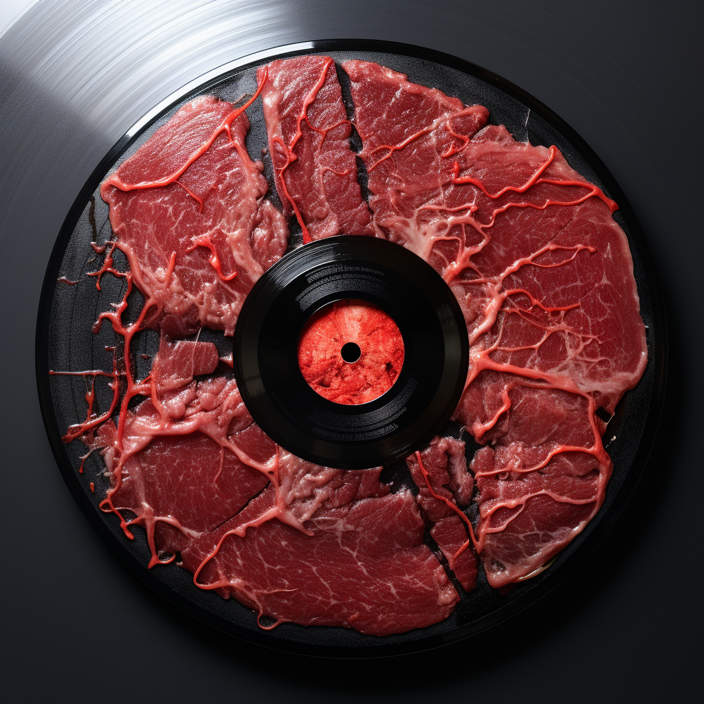 Gringed red meat inside black vinyl record