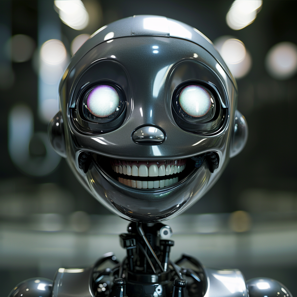 Hyper-realistic grinning android with wide eyes and smile