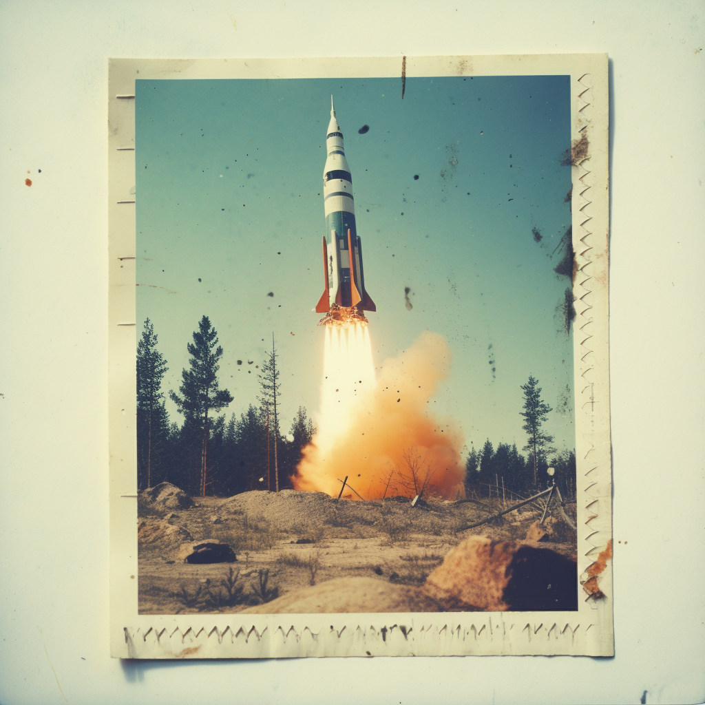 Vintage rocket launch captured on polaroid