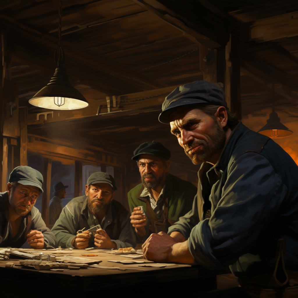 Group of weary miners displaying emotions