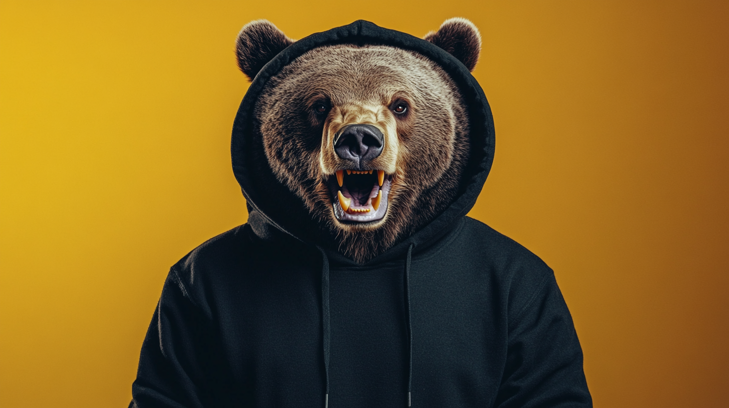 Bear in black hoodie snarling