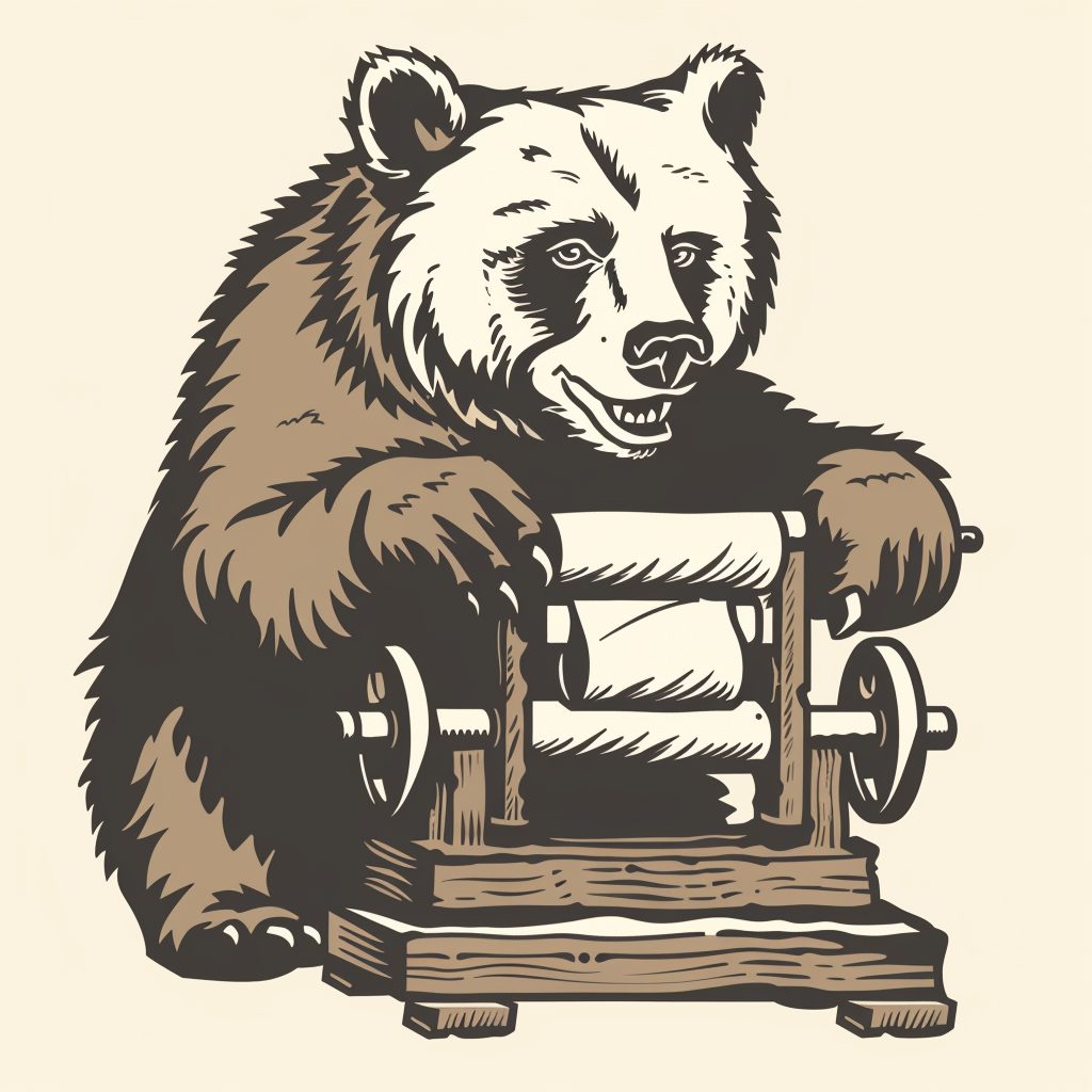 Grizzly bear using printing press