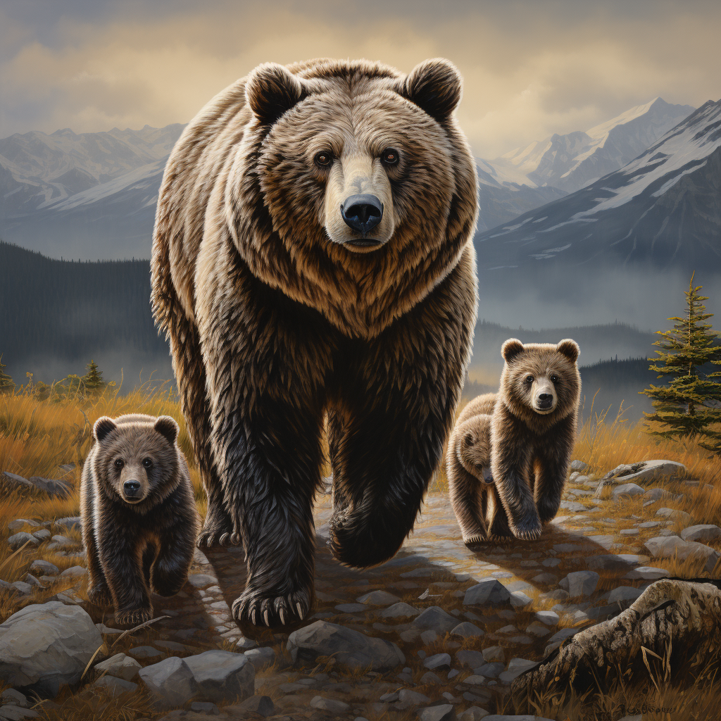 Friendly grizzly bear mother with cubs