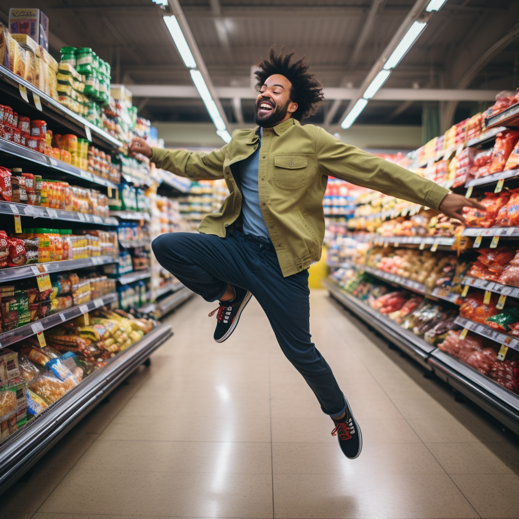 Person dancing in a grocery store.