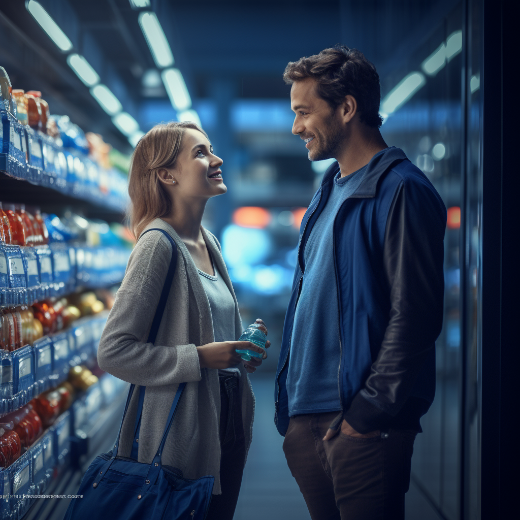 Couple conversing in grocery store aisle