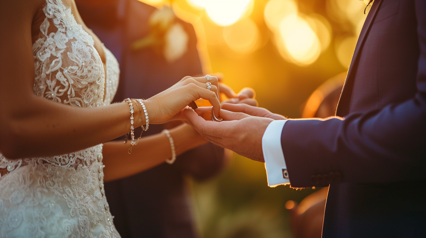 Groom putting wedding ring on bride's finger