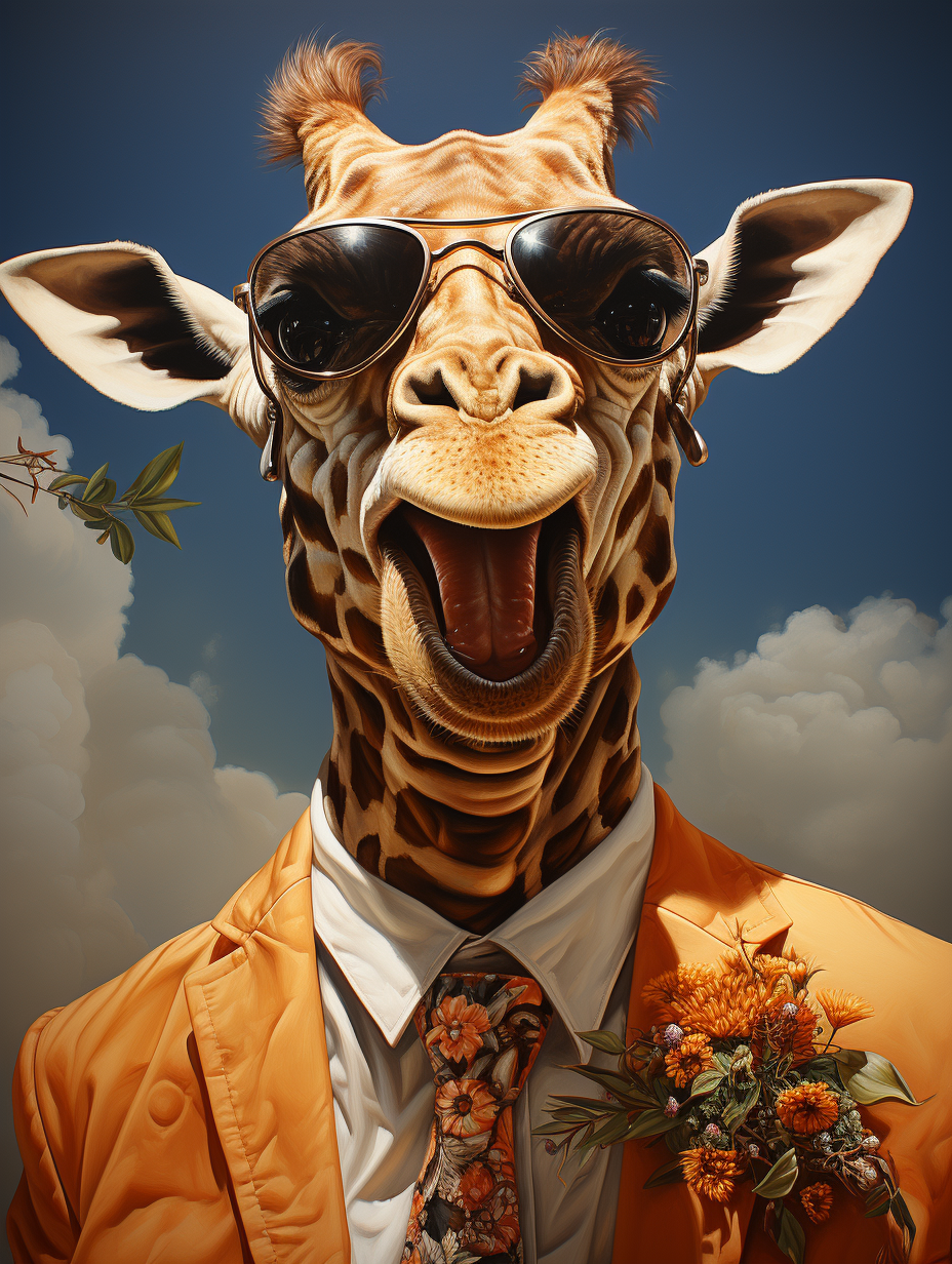 Smiling giraffe wearing sunglasses in groom's suit