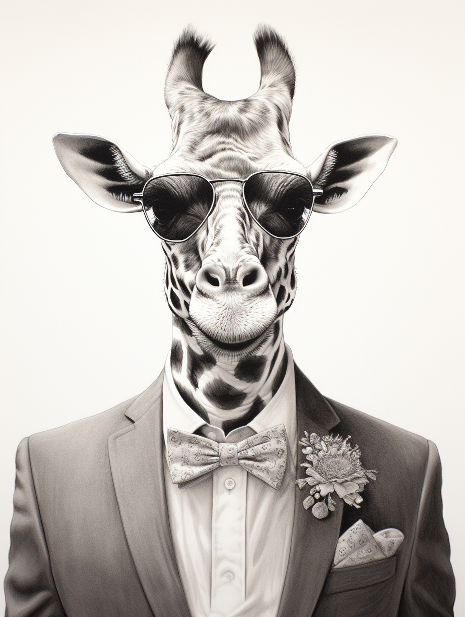 Smiling giraffe in groom's suit with sunglasses