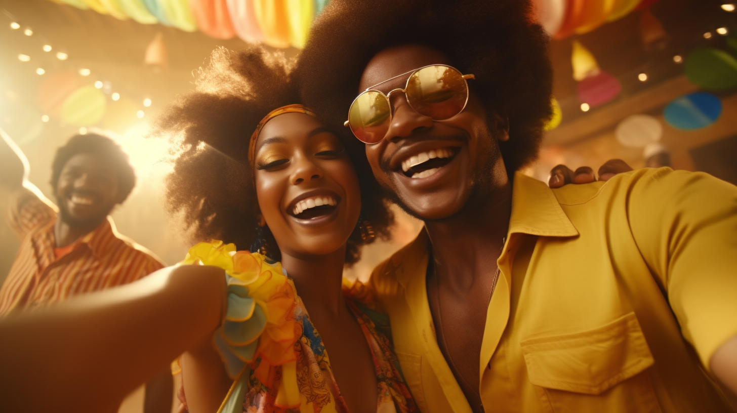 Happy afro couple dancing in 1970s Hippy Retro style