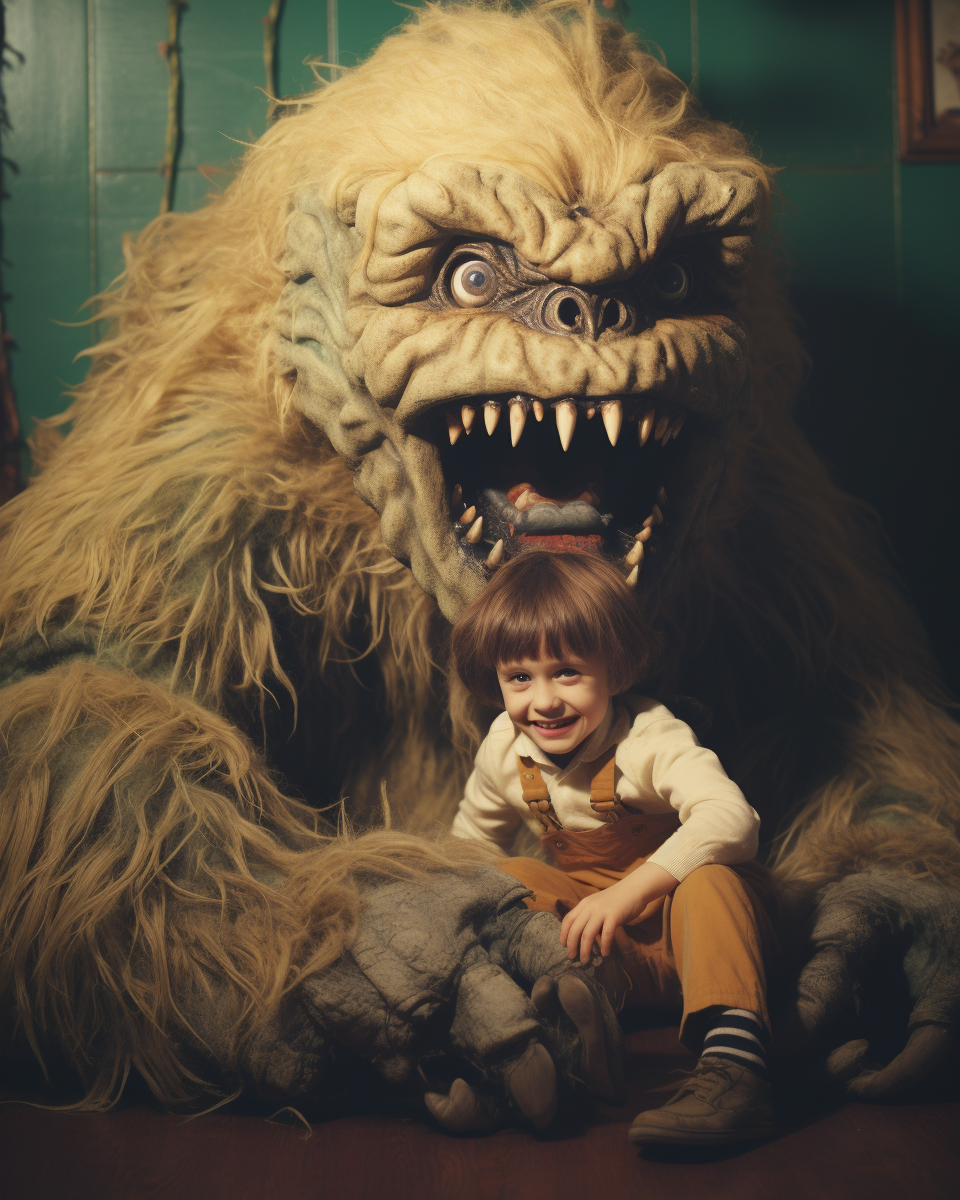 Grotesque child with monster pet in vintage photo