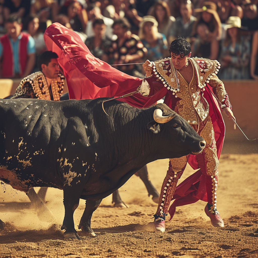 Matadors battling fierce bull in ring