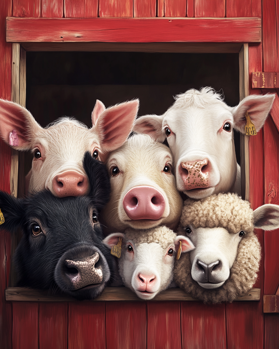 group of cute farm animals looking out from barnyard.