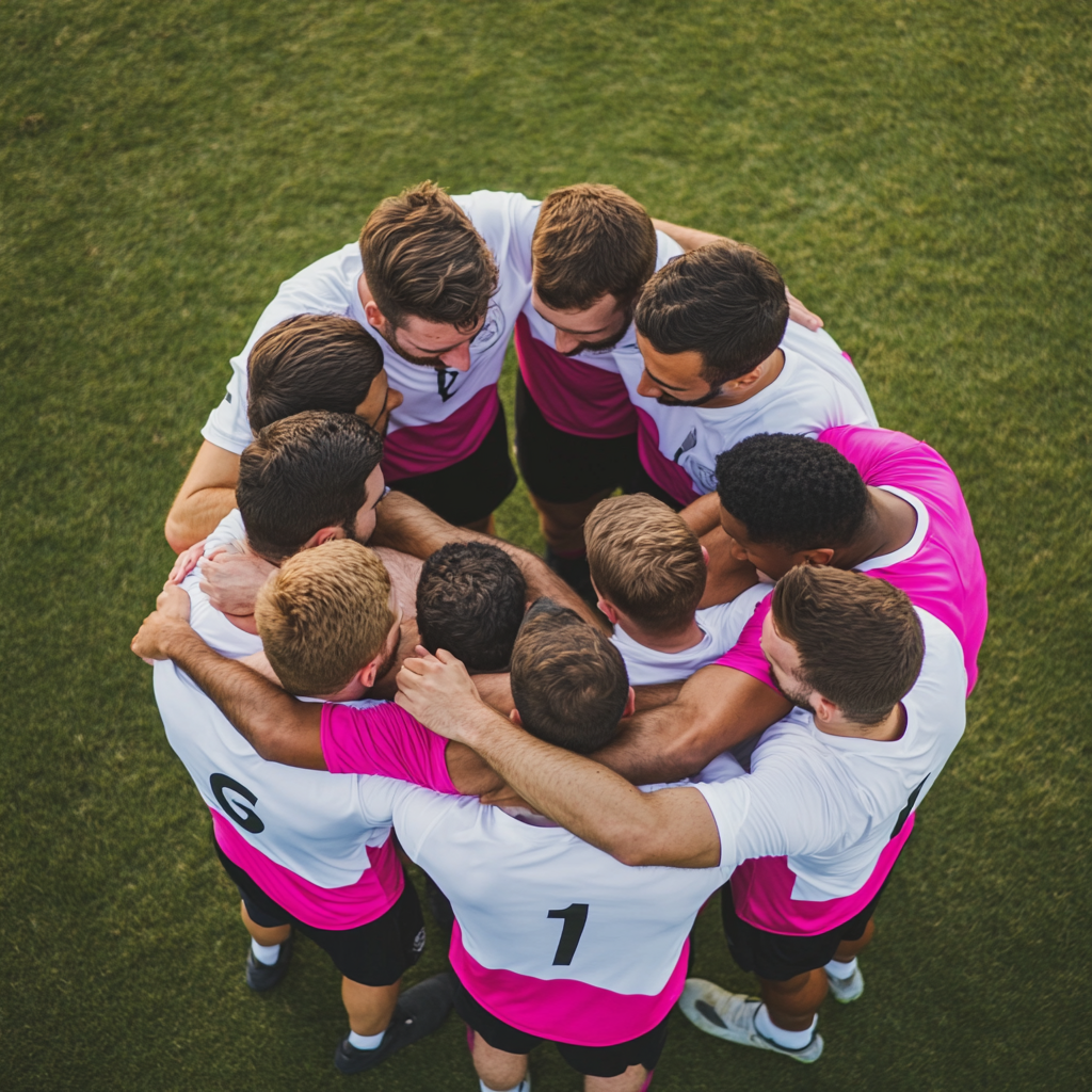 group of male athletes in white and fuchsia shirts