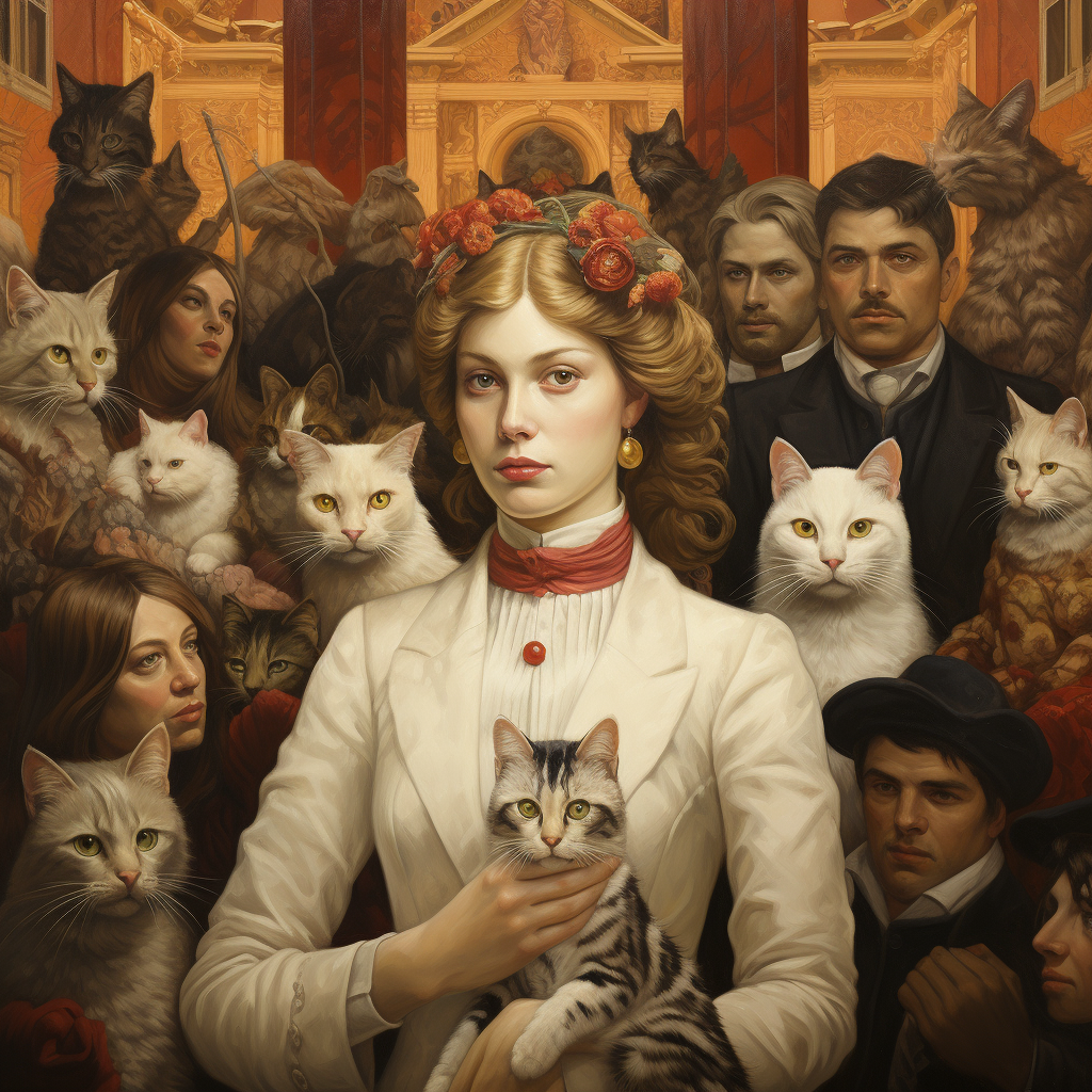 People looking at lady with cats