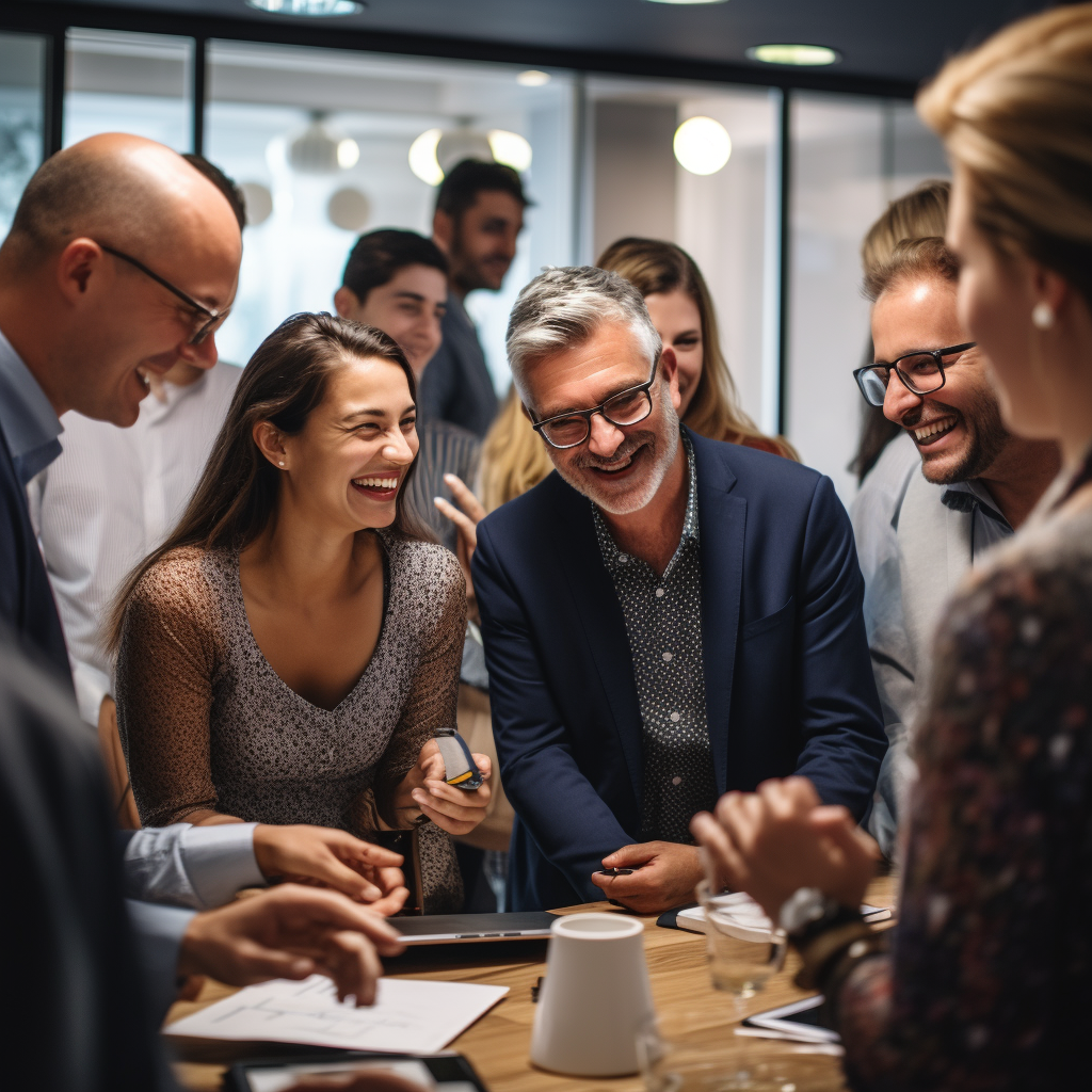 Photorealistic image of a group of people networking in an office meeting