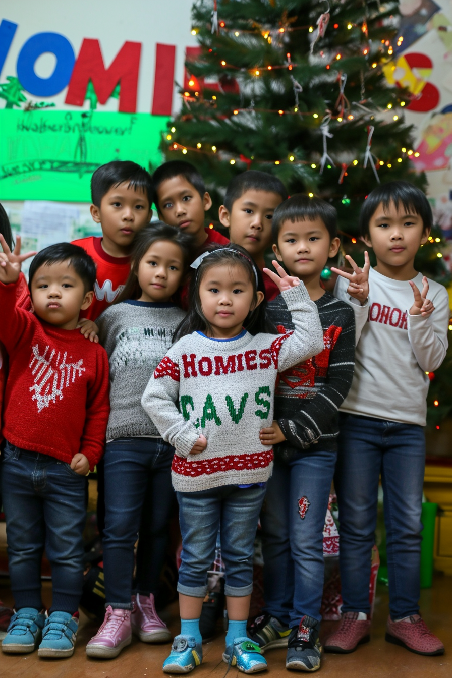 First-grade Filipino friends group photo with peace sign and  HOMIES  sweater