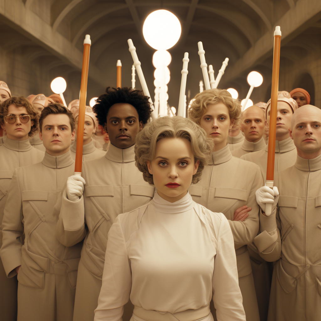 Group of people in beige uniform with magic wands