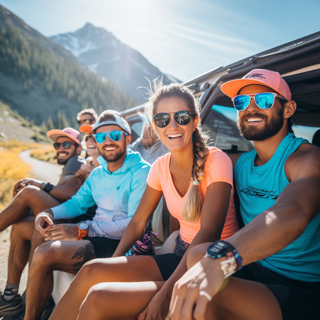 Runners sitting on tailgate of truck at trailhead