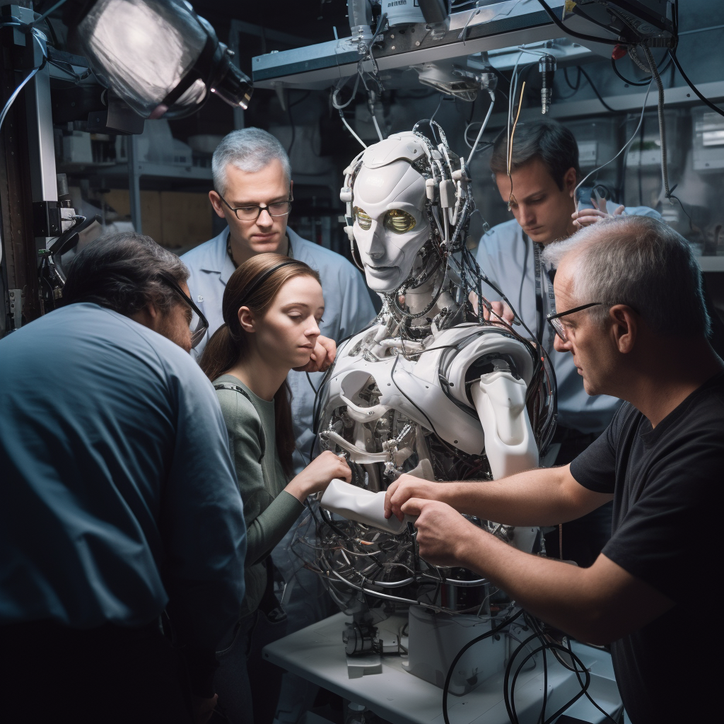 Group of scientists working on beautiful humanoid robot