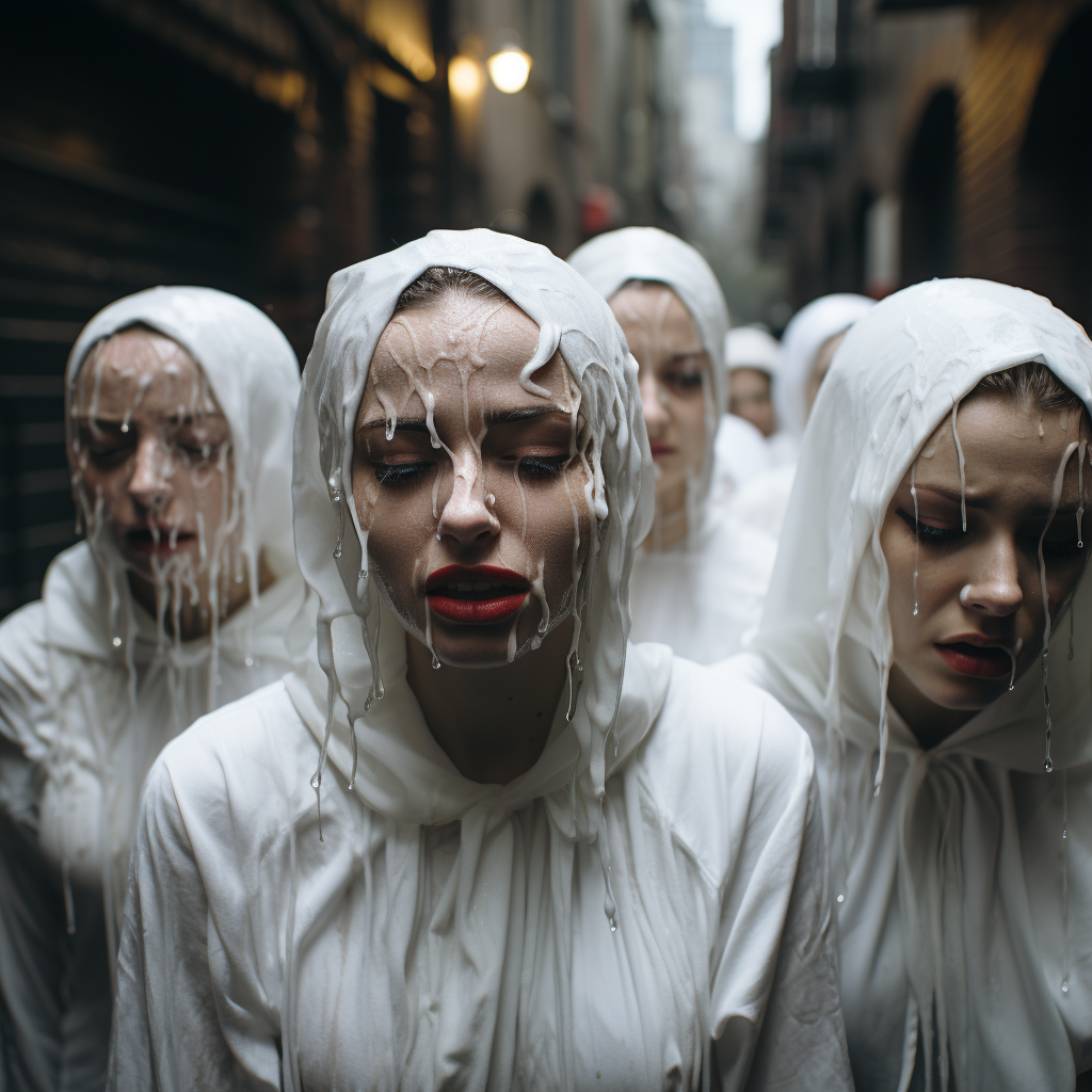 women crying in white while walking