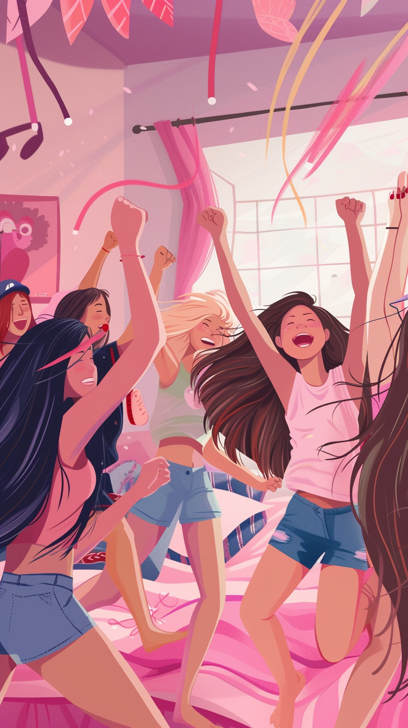 Young women dancing in pink bedroom