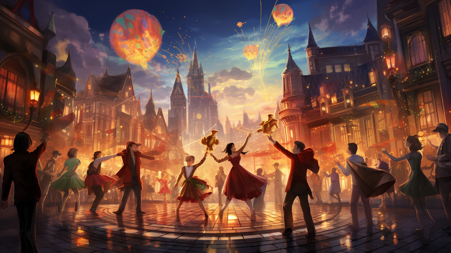 Joyful group dancing in transformed cityscape