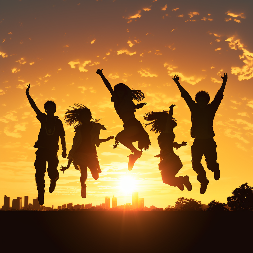 Group jumping in silhouette with geek and psyllium